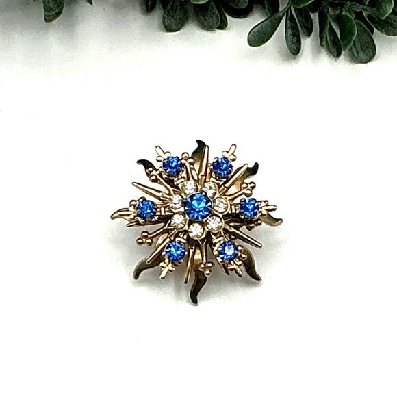 Vintage Gold Tone Snowflake Brooch With Blue and Clear Rhinestones - Picture 1 of 5
